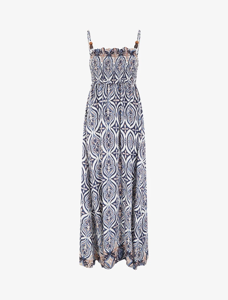 Langes Kleid mit Perlenriemchen und Fantasiemuster - Marine