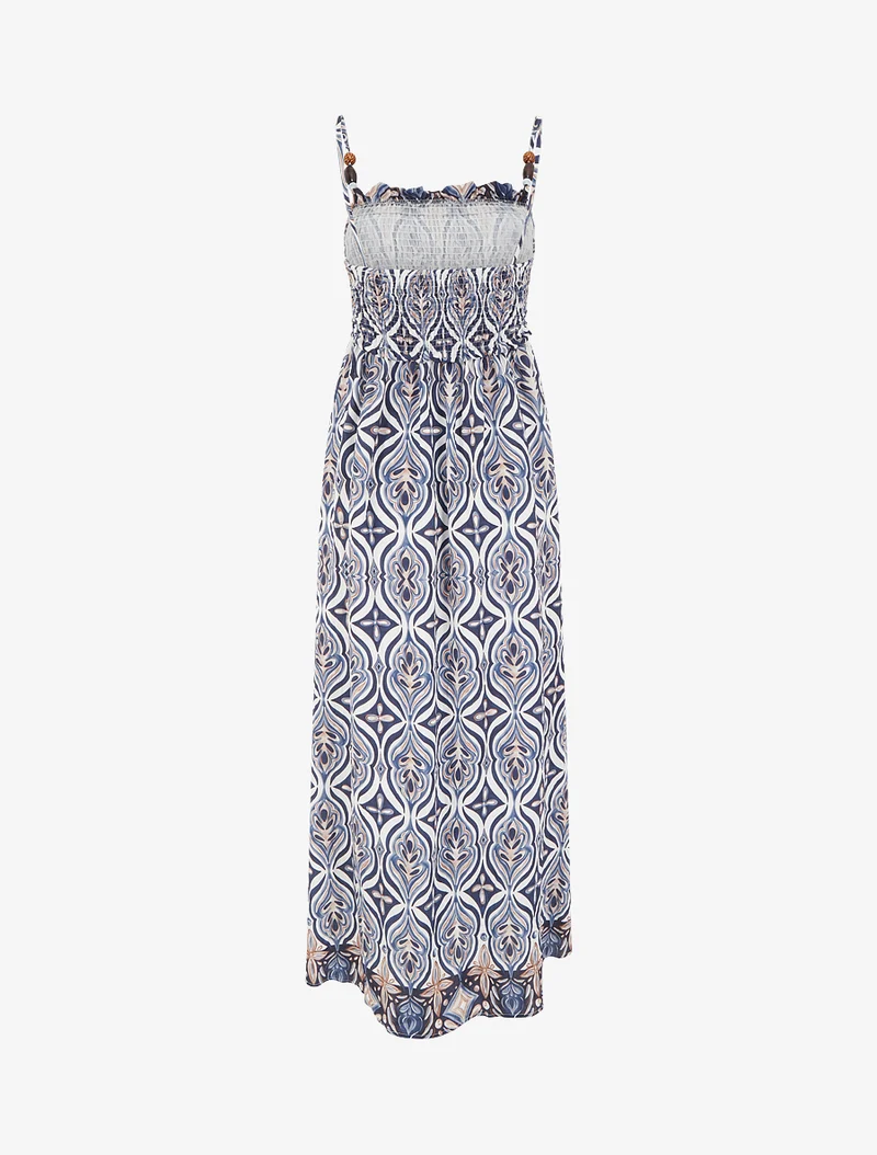 Langes Kleid mit Perlenriemchen und Fantasiemuster - Marine