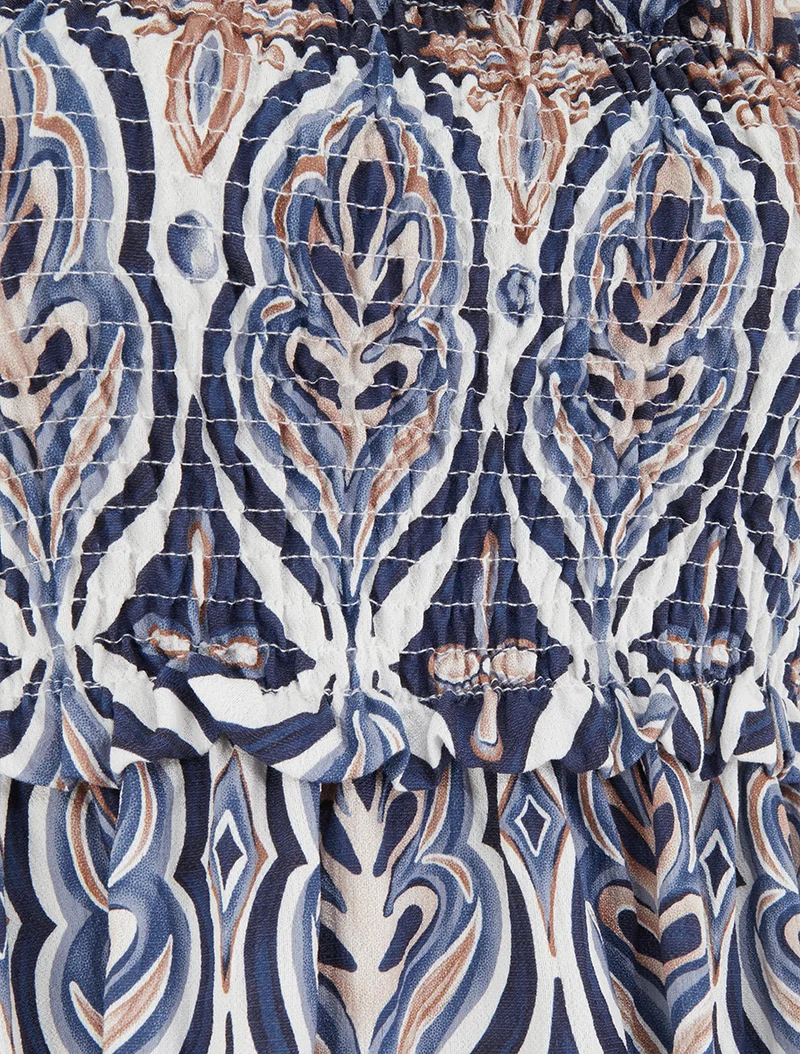 Langes Kleid mit Perlenriemchen und Fantasiemuster - Marine