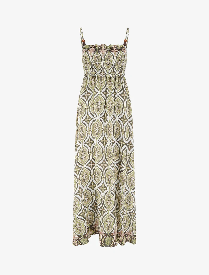 Langes Kleid mit Perlenriemchen und Fantasiemuster - Kaki