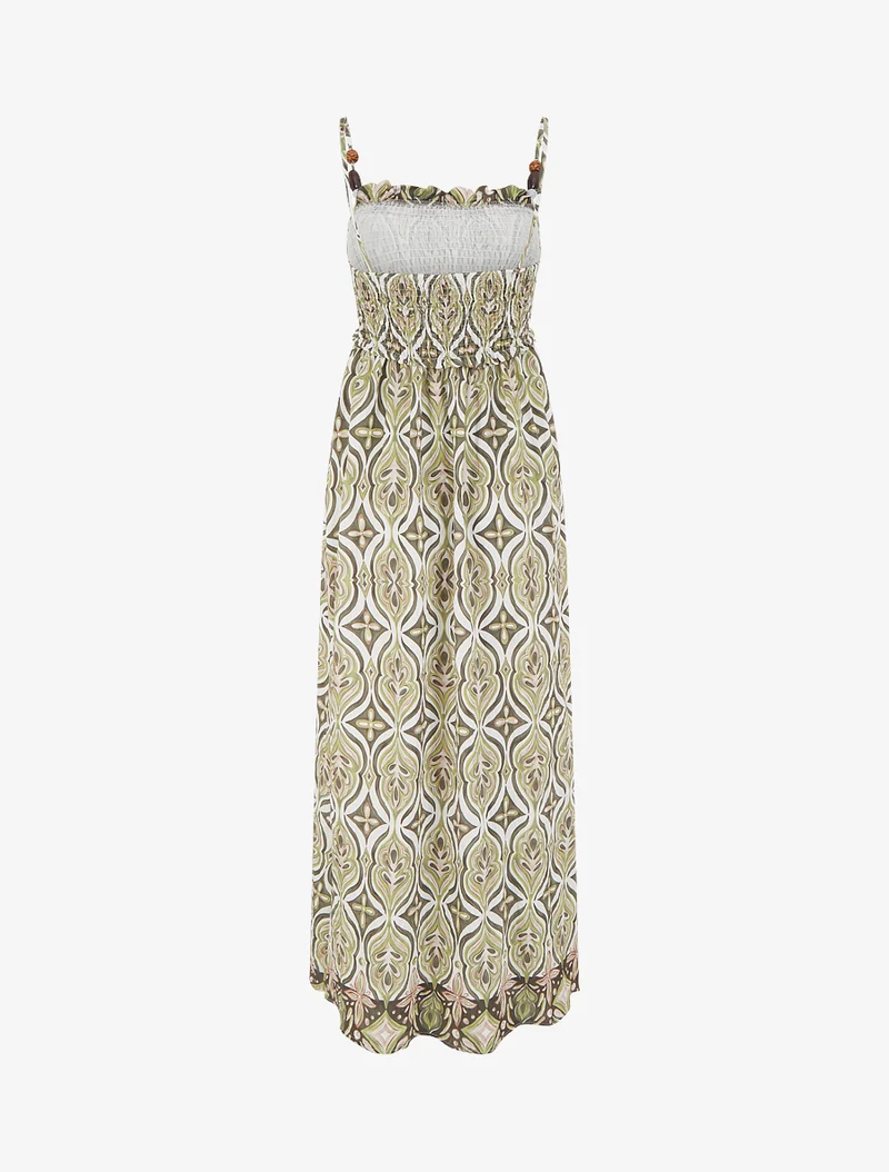 Langes Kleid mit Perlenriemchen und Fantasiemuster - Kaki