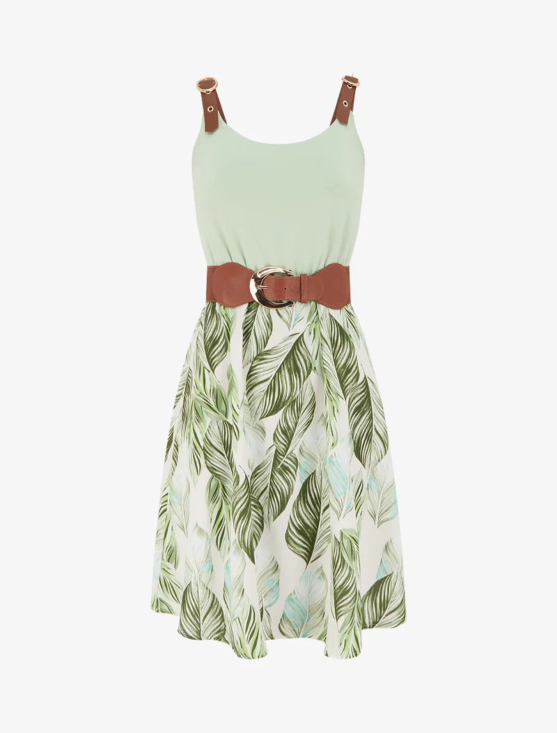 Kleid in Midilänge mit Trägern aus Kunstleder mit Druckmuster - Wassergrün