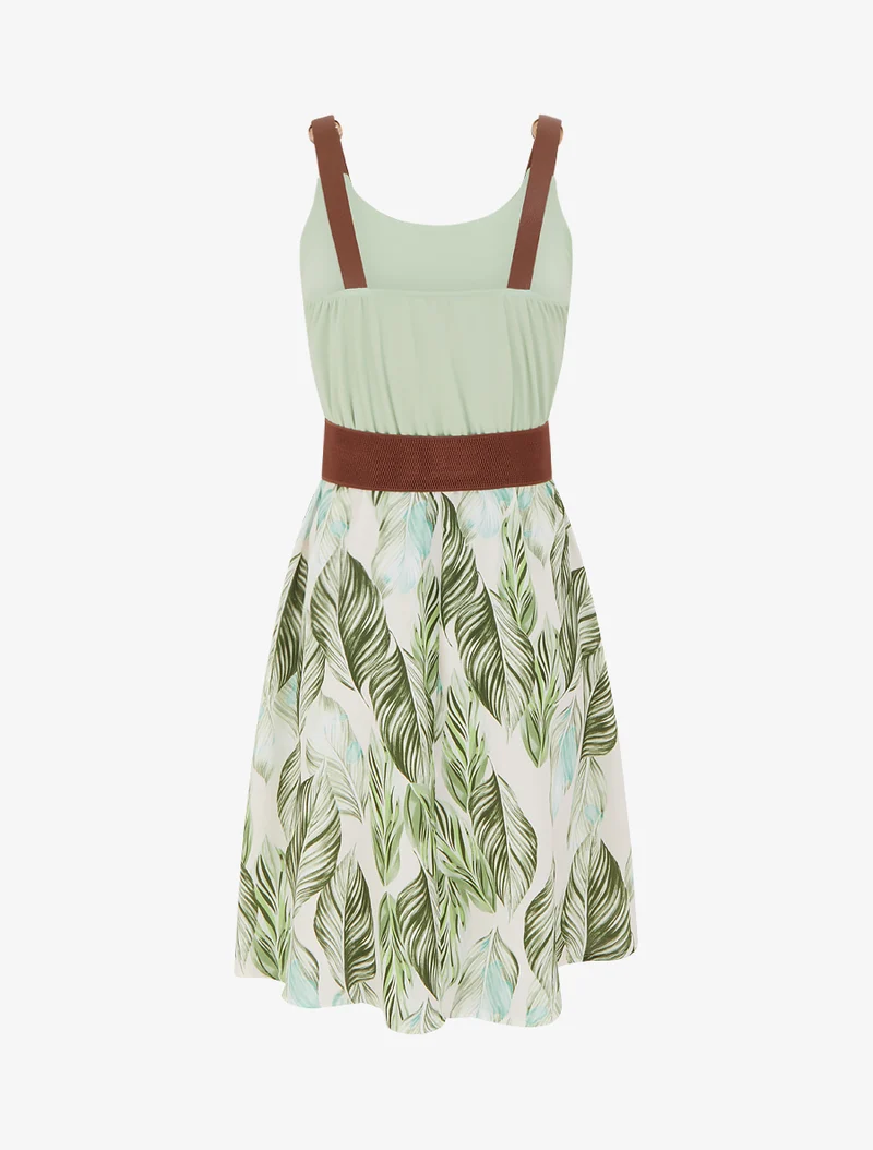 Kleid in Midilänge mit Trägern aus Kunstleder mit Druckmuster - Wassergrün