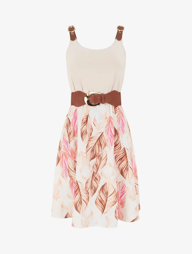 Kleid in Midilänge mit Trägern aus Kunstleder mit Druckmuster - Beige