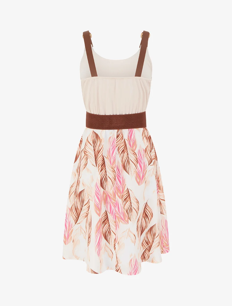 Kleid in Midilänge mit Trägern aus Kunstleder mit Druckmuster - Beige