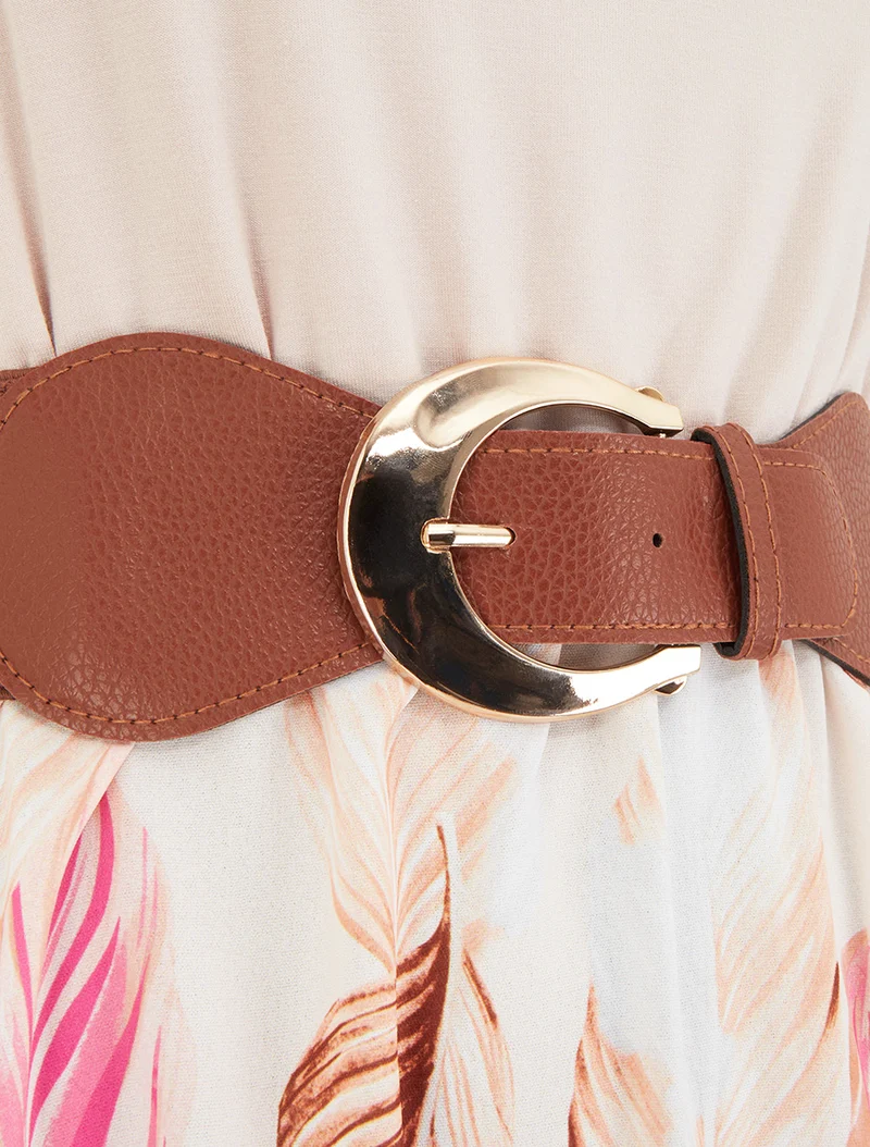 Kleid in Midilänge mit Trägern aus Kunstleder mit Druckmuster - Beige