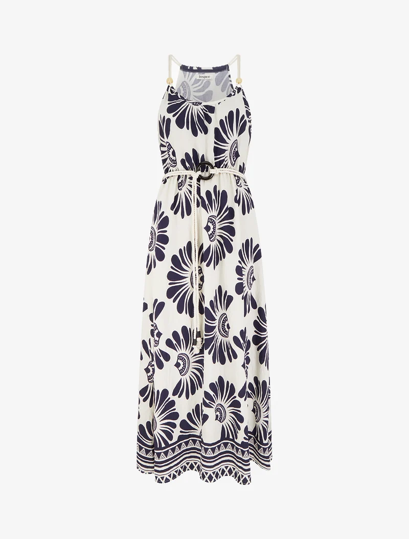Kleid mit Fantasiedruck und Kordelträgern - Marine