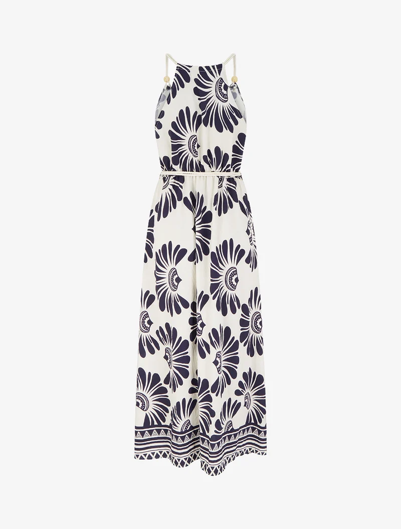 Kleid mit Fantasiedruck und Kordelträgern - Marine