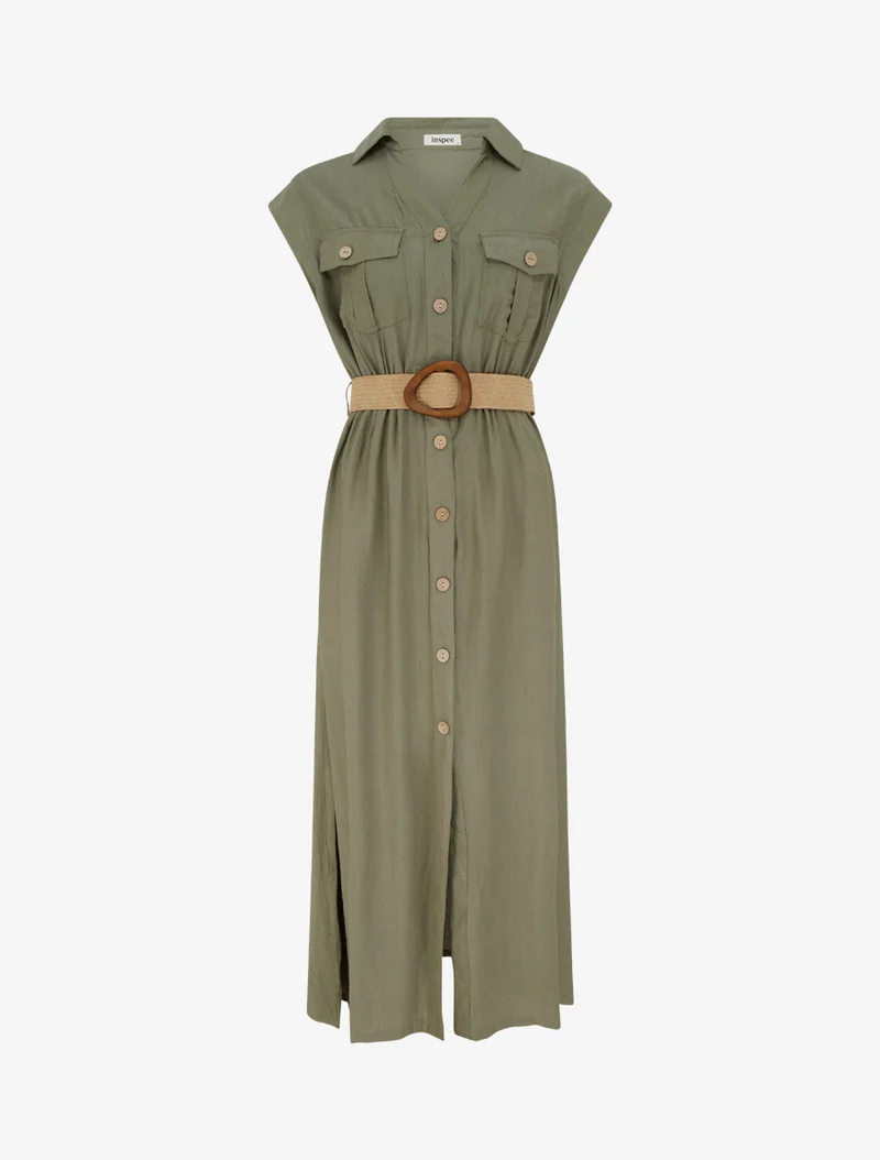 Einfarbiges langes Kleid mit Knöpfen - Kaki