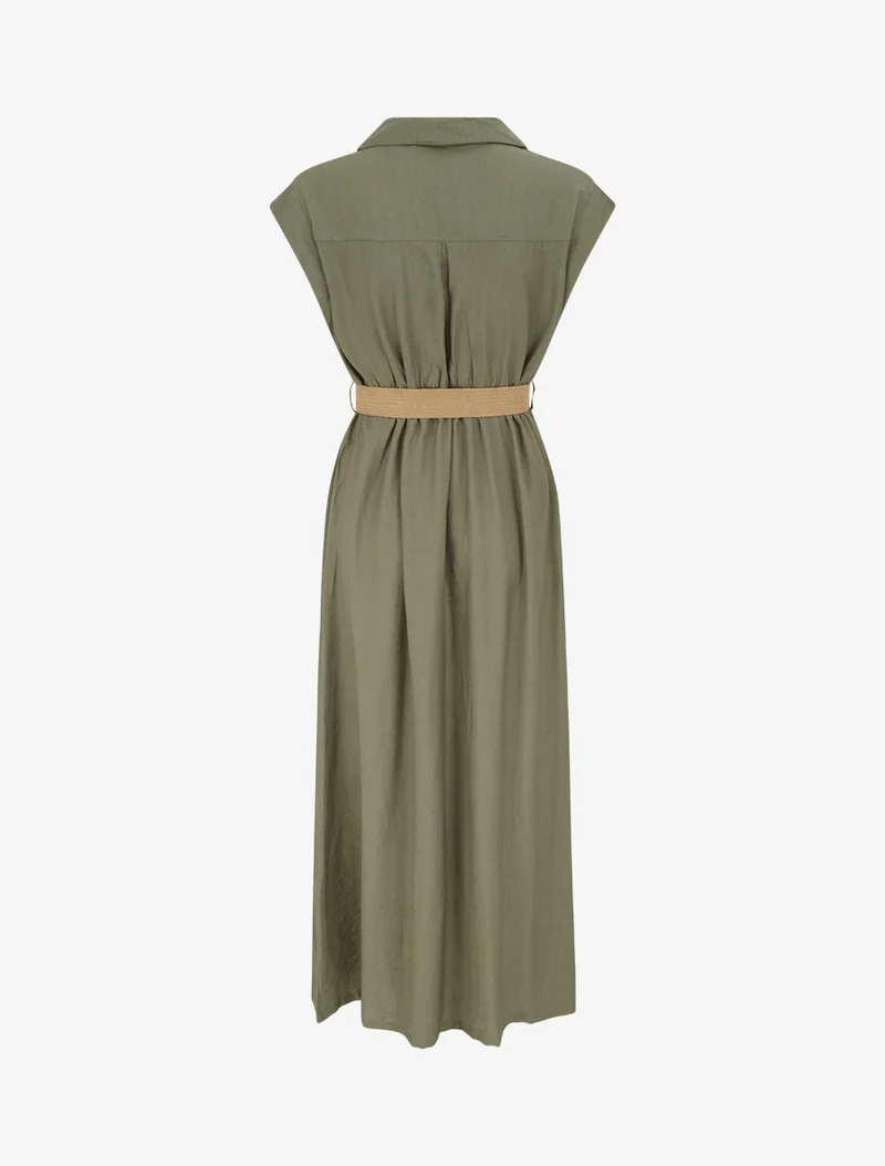 Einfarbiges langes Kleid mit Knöpfen - Kaki