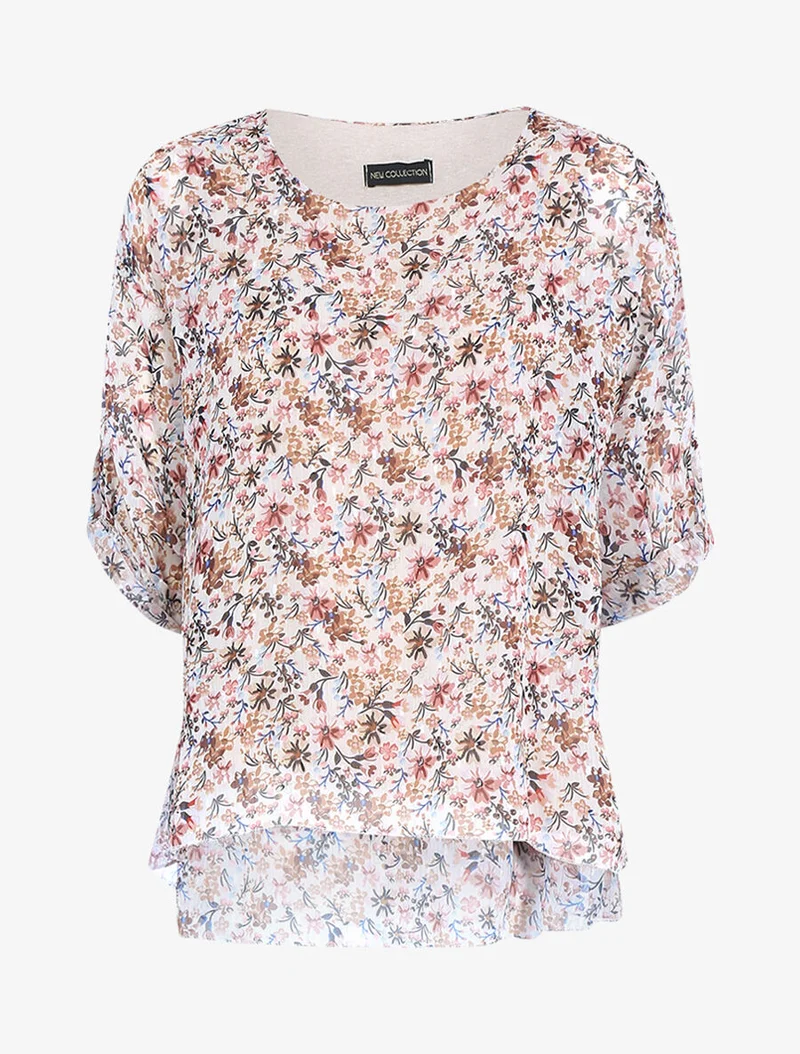 Floral bedruckte Bluse in weiter Passform - Ecru