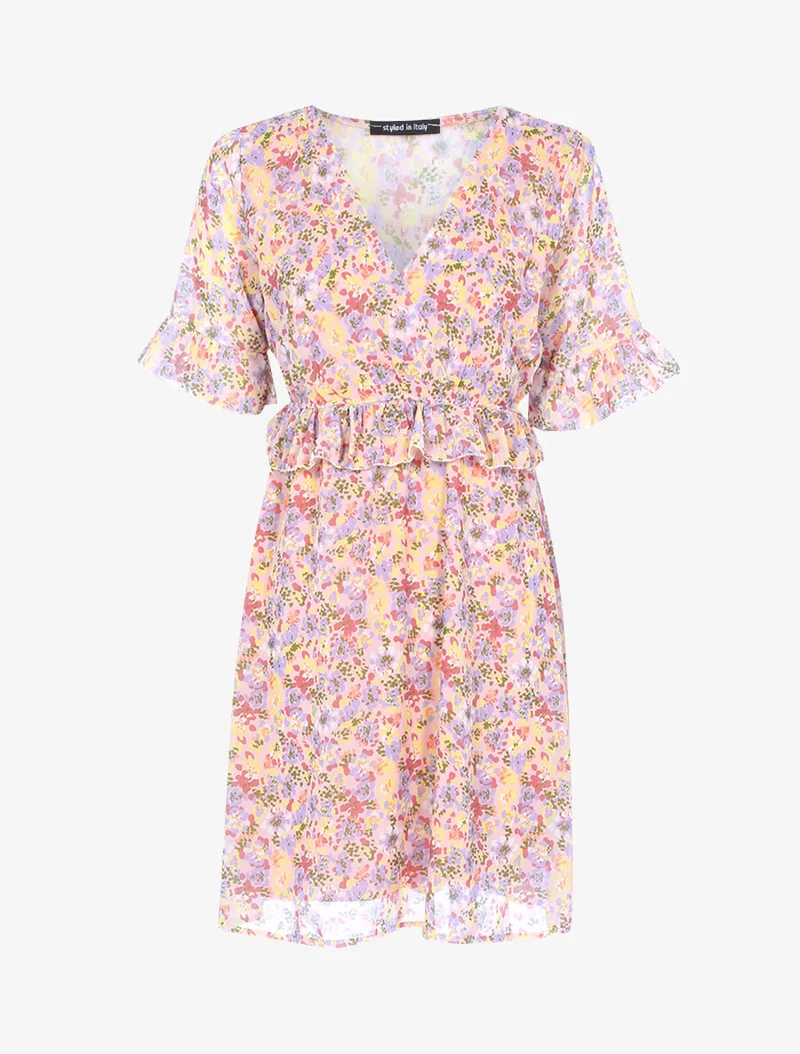 Geblümtes Kleid mit Rüschenbund - Rose