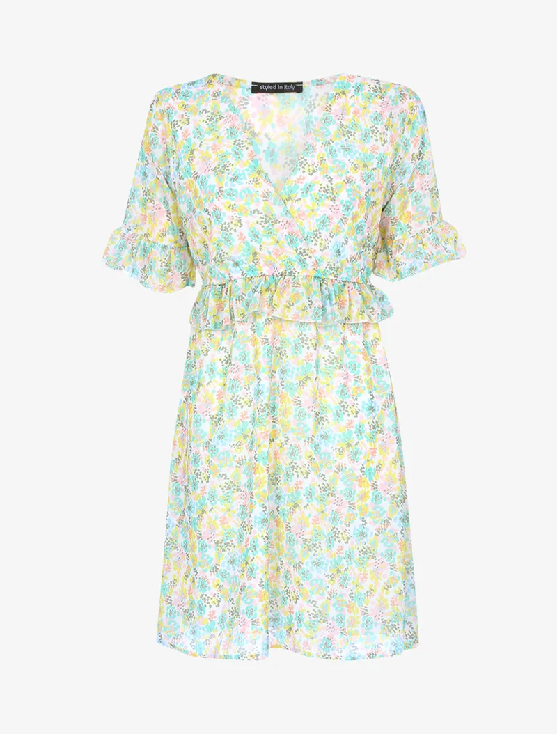 Geblümtes Kleid mit Rüschenbund - Ecru