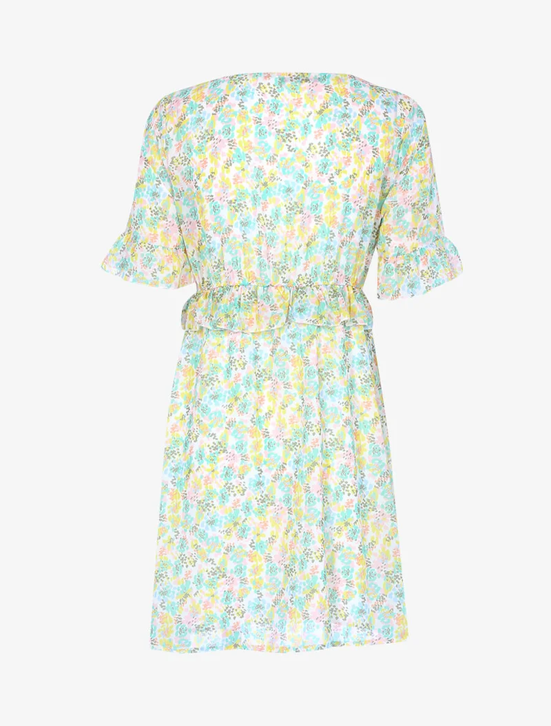 Geblümtes Kleid mit Rüschenbund - Ecru