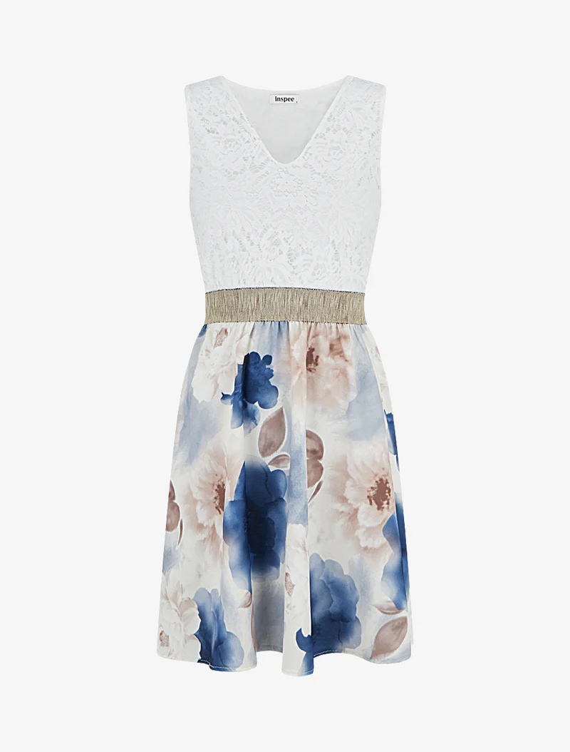 Midikleid mit Spitze und Aquarelldruck - Marine