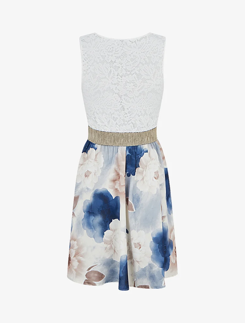 Midikleid mit Spitze und Aquarelldruck - Marine
