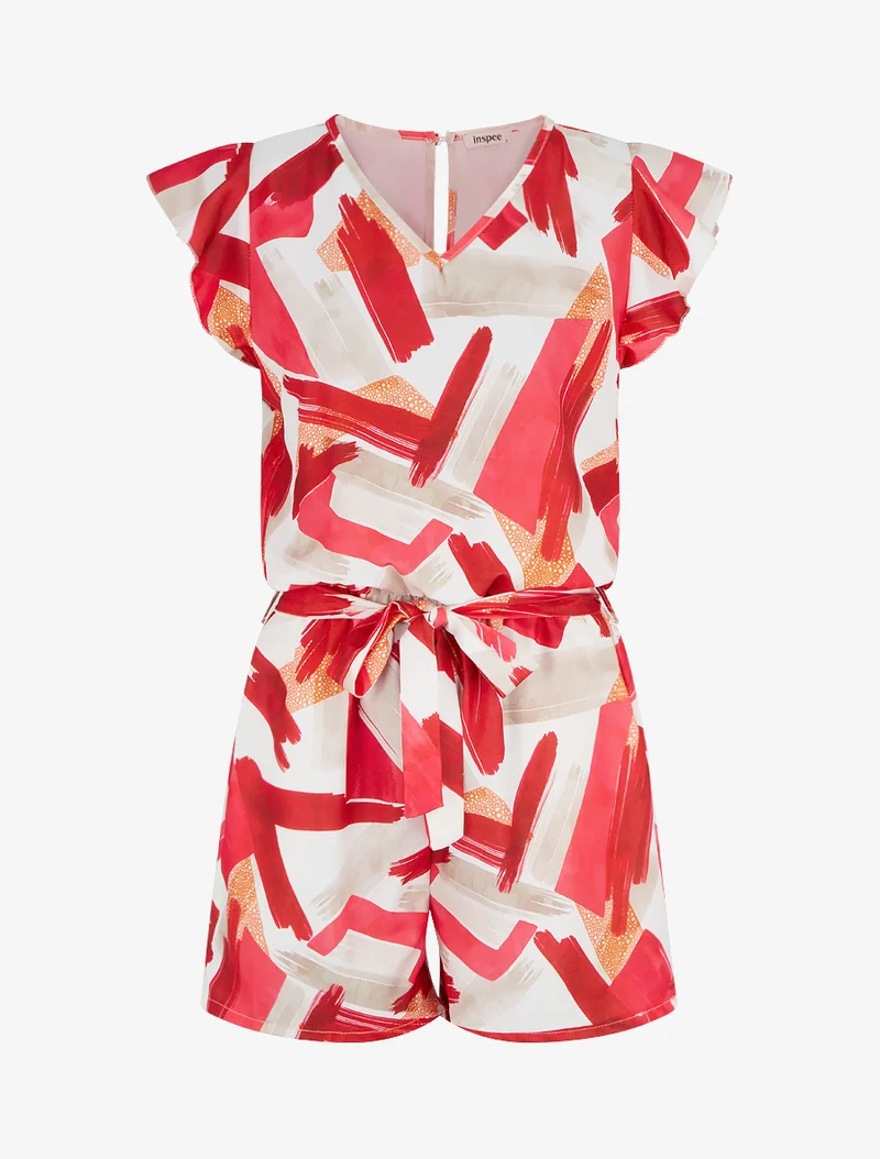 Kurzärmeliger, verspielter Jumpsuit mit Rüschen - Rot