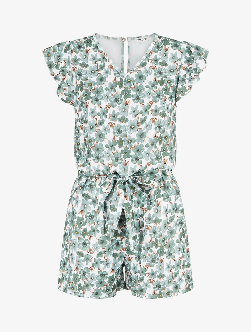 Geblümter Jumpsuit mit kurzen, gerüschten Ärmeln - Kaki