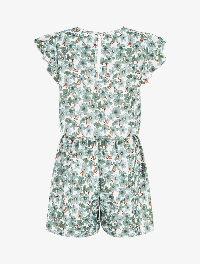 Geblümter Jumpsuit mit kurzen, gerüschten Ärmeln - Kaki