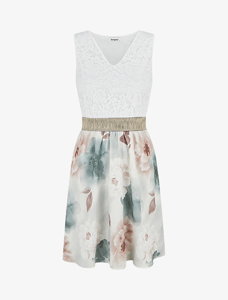 Midikleid mit Spitze und Aquarelldruck - Kaki