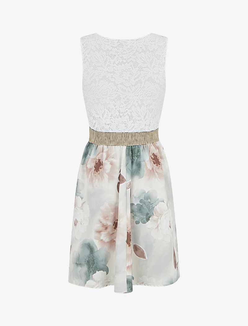 Midikleid mit Spitze und Aquarelldruck - Kaki