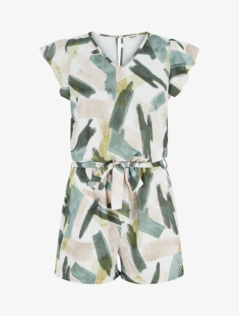 Kurzärmeliger, verspielter Jumpsuit mit Rüschen - Kaki