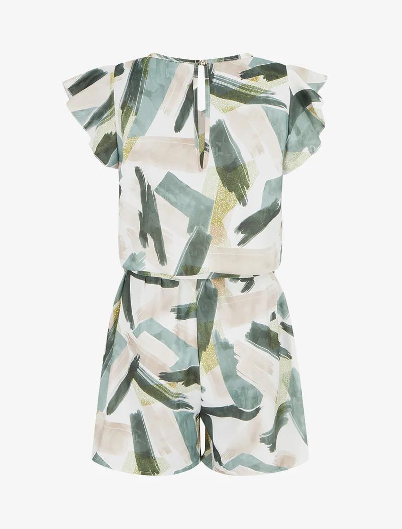 Kurzärmeliger, verspielter Jumpsuit mit Rüschen - Kaki