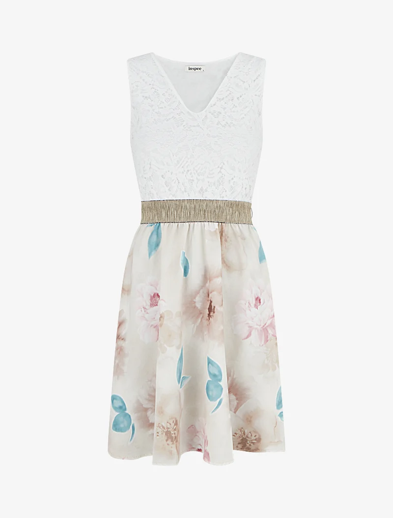 Midikleid mit Spitze und Aquarelldruck - Beige