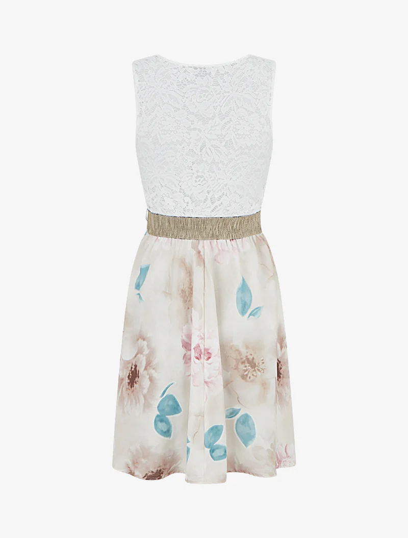 Midikleid mit Spitze und Aquarelldruck - Beige