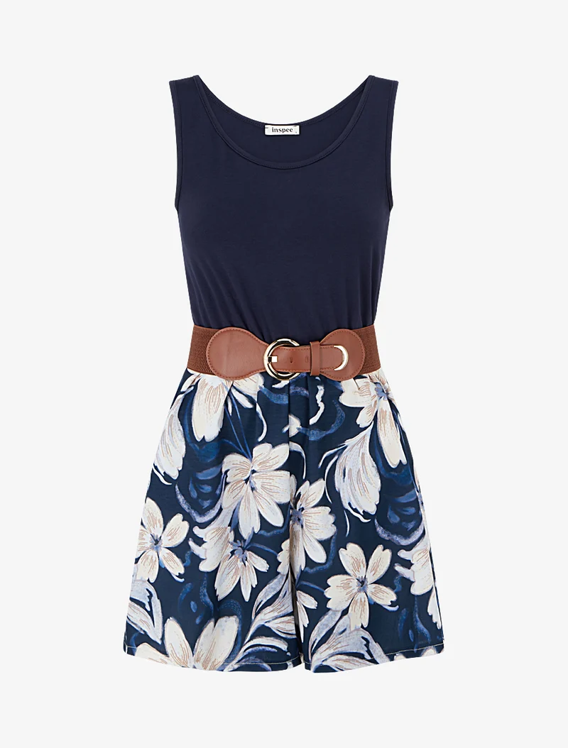 Gürtelter Overall mit Blumenmuster - Marine