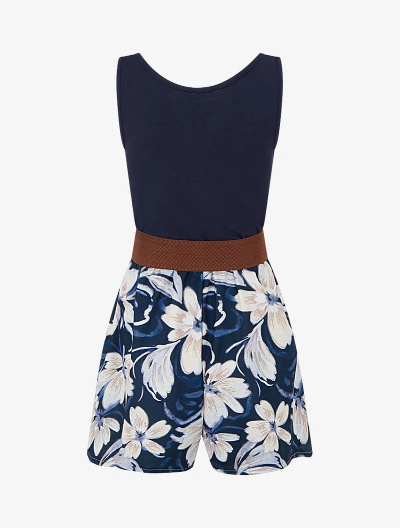 Gürtelter Overall mit Blumenmuster - Marine