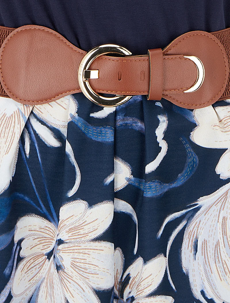 Gürtelter Overall mit Blumenmuster - Marine