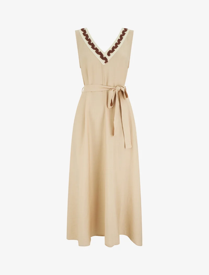 Ärmelloses langes Kleid mit fantasievollem V-Ausschnitt - Beige