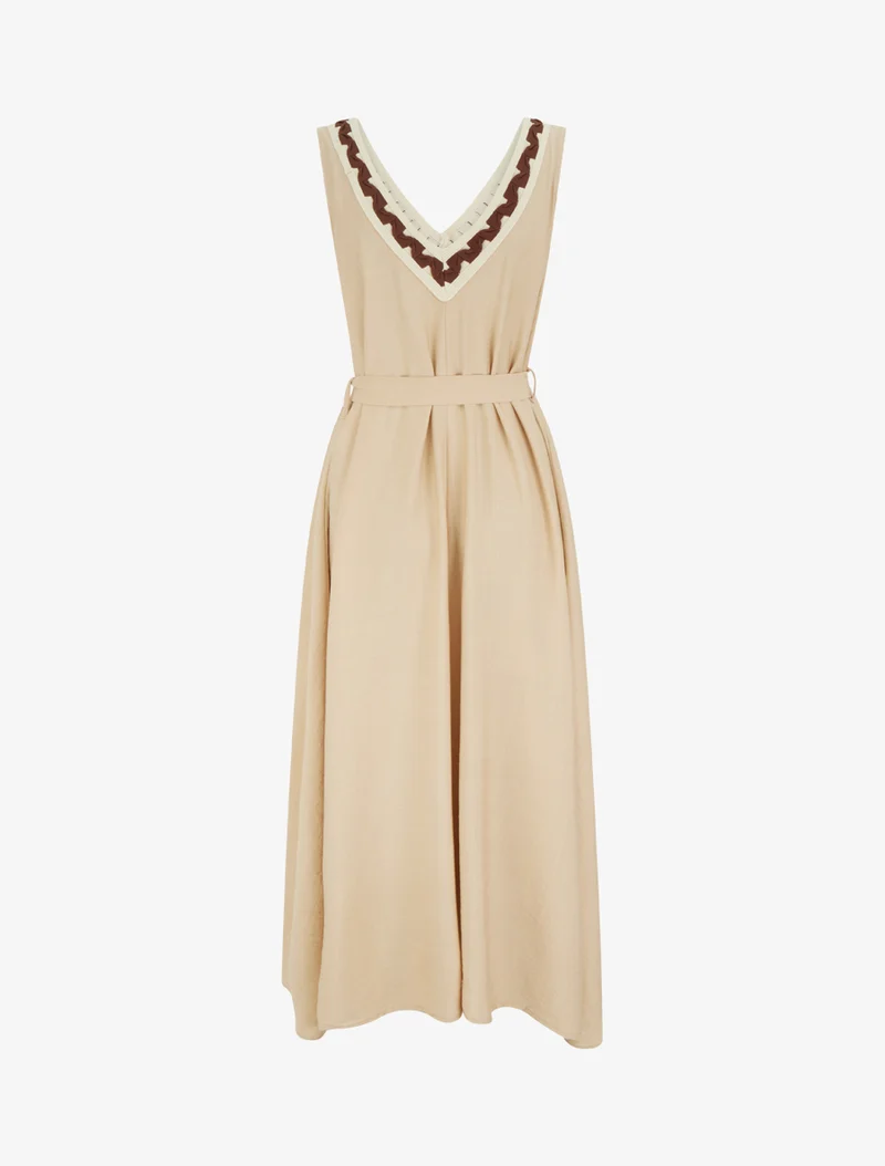 Ärmelloses langes Kleid mit fantasievollem V-Ausschnitt - Beige