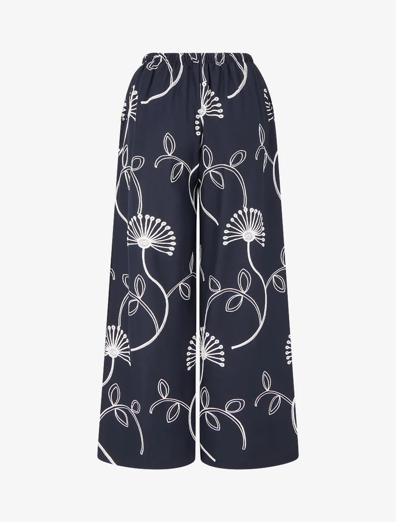 Weite Hose mit Blumenstickereien - Mitternachtsblau