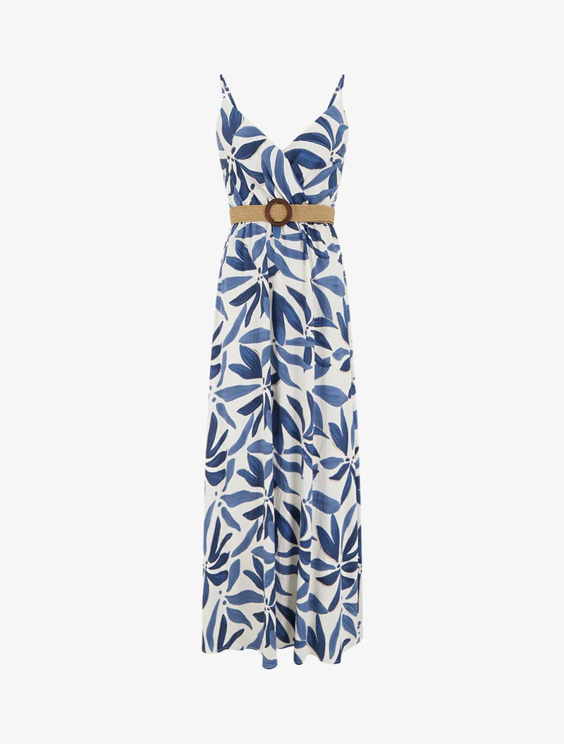 Langes, ausgestelltes Kleid mit Pflanzenmuster - Marine