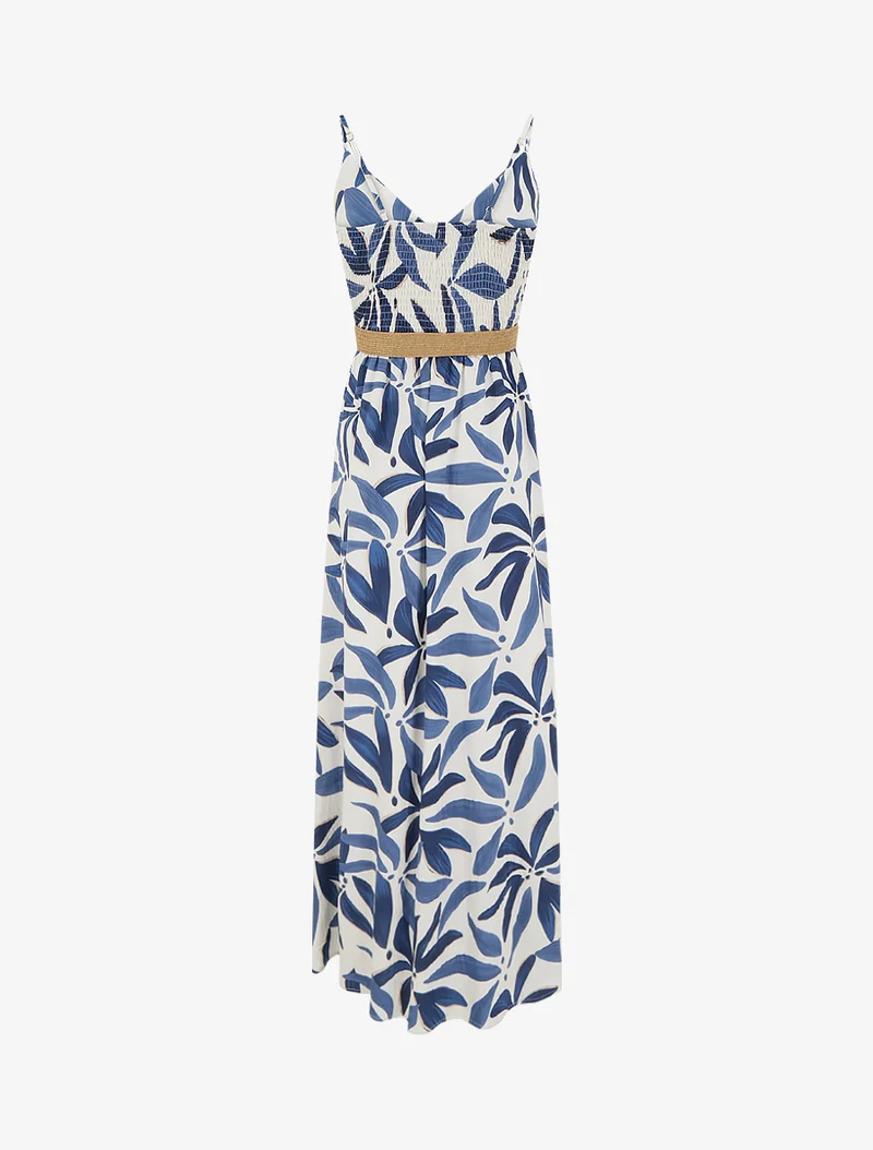Langes, ausgestelltes Kleid mit Pflanzenmuster - Marine