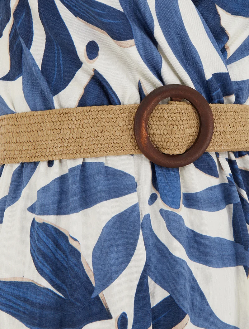 Langes, ausgestelltes Kleid mit Pflanzenmuster - Marine