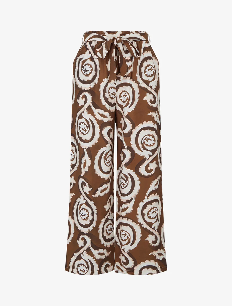 Gerade geschnittene Hose mit elastischem Bund und Arabeskenmuster - Braun