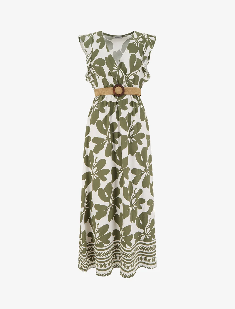 Langes Kleid mit großem Blumenmuster und Wickelkragen - Kaki