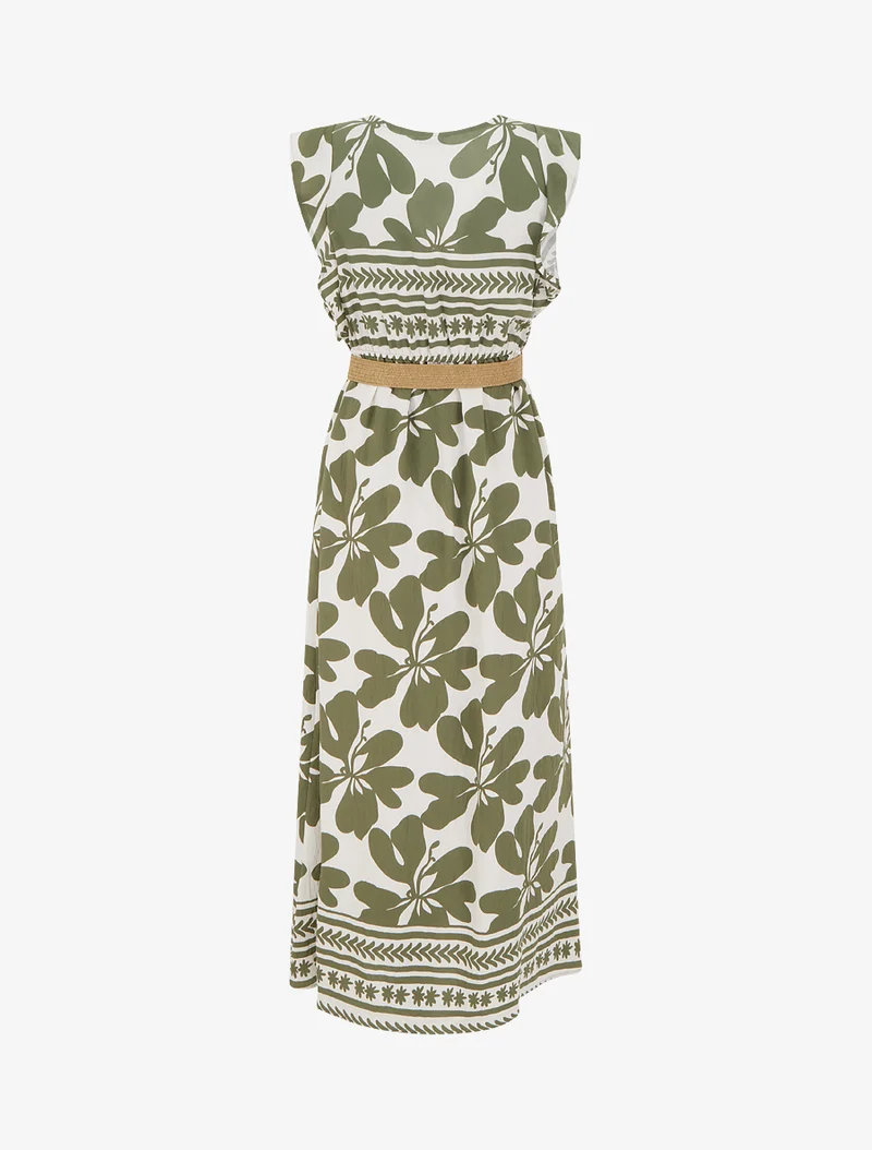 Langes Kleid mit großem Blumenmuster und Wickelkragen - Kaki
