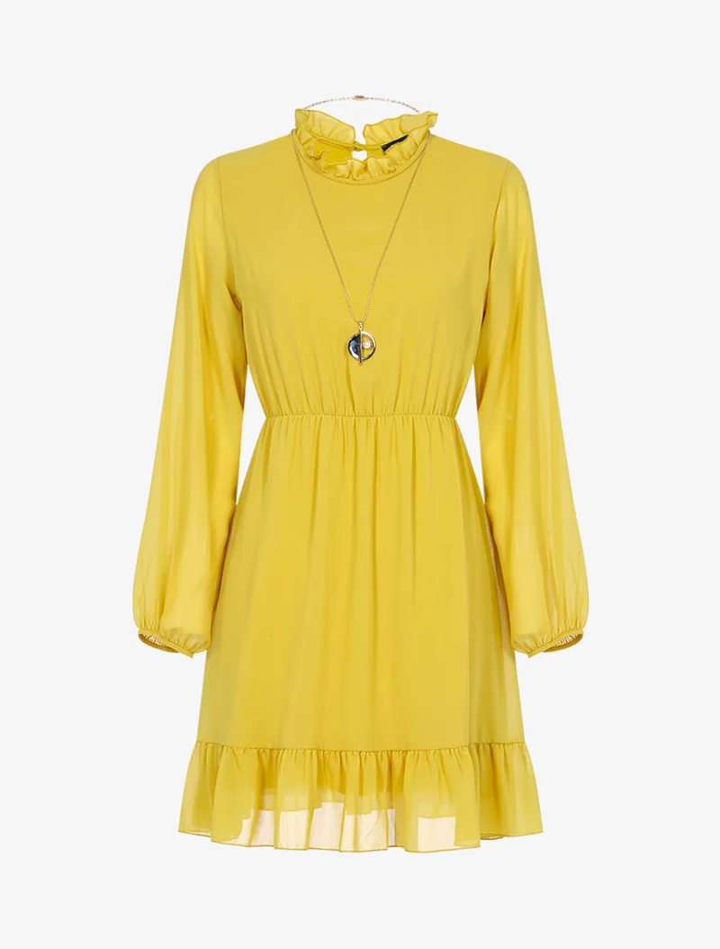 Rüschenkleid mit Stehkragen - Gelb