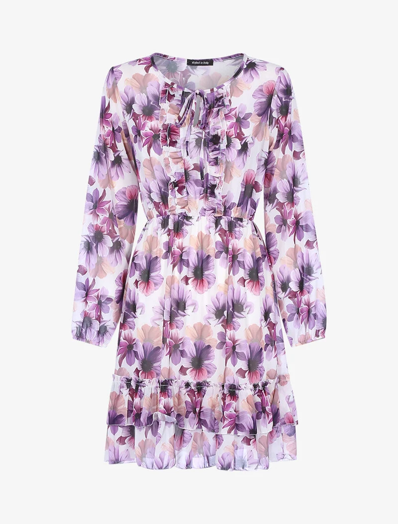 Rüschenblumenkleid - Weiß/Violett
