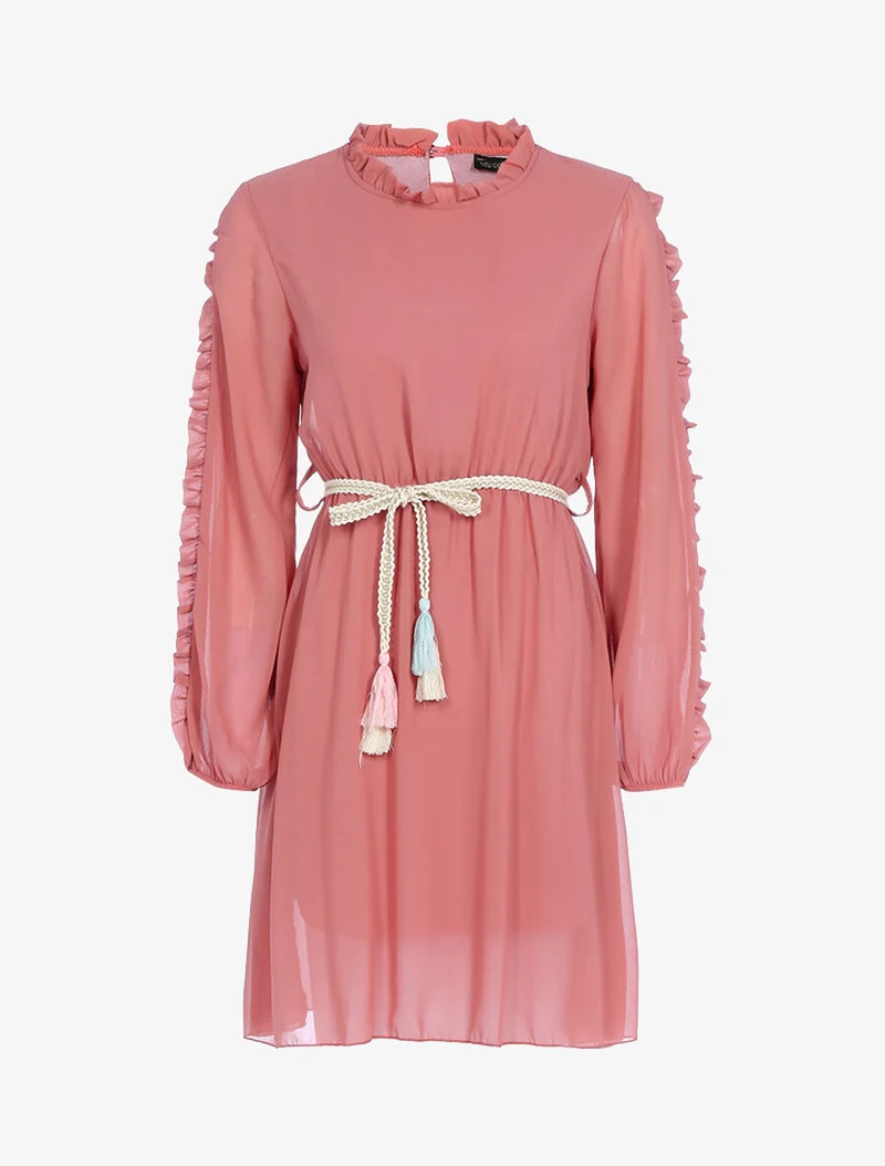 Kleid aus feinem Voile mit Rüschenärmeln - Dunkelrosa