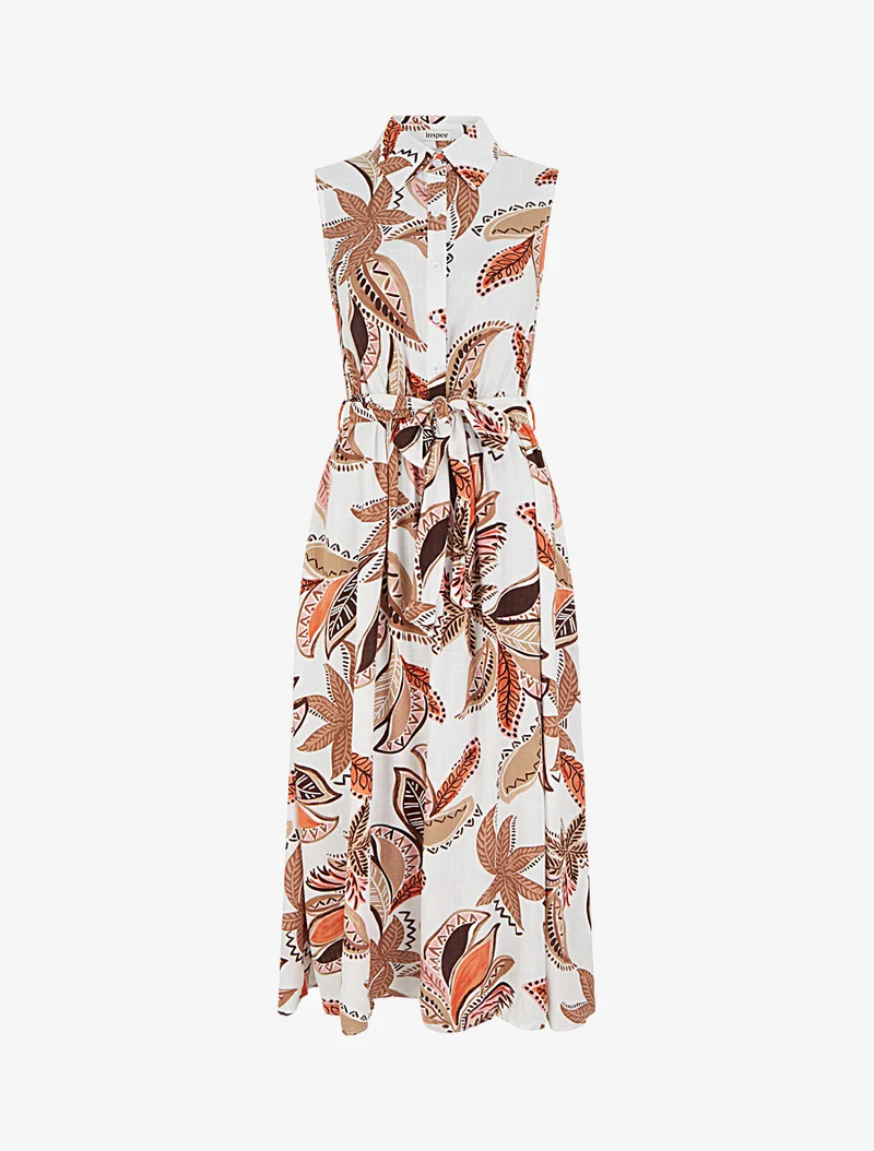 Langes Hemdblusenkleid mit Blattdruck - Braun