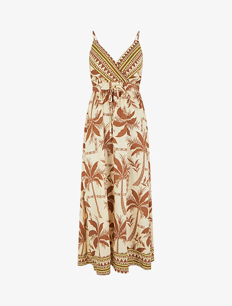 Langes Kleid mit Palmenmuster - Braun