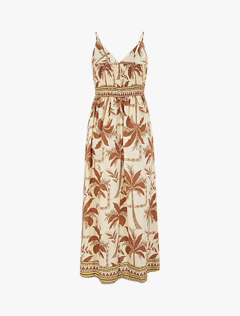 Langes Kleid mit Palmenmuster - Braun
