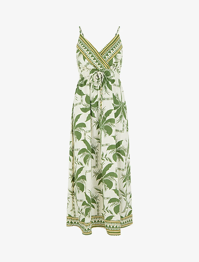 Langes Kleid mit Palmenmuster - Kaki