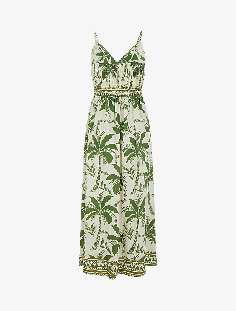 Langes Kleid mit Palmenmuster - Kaki