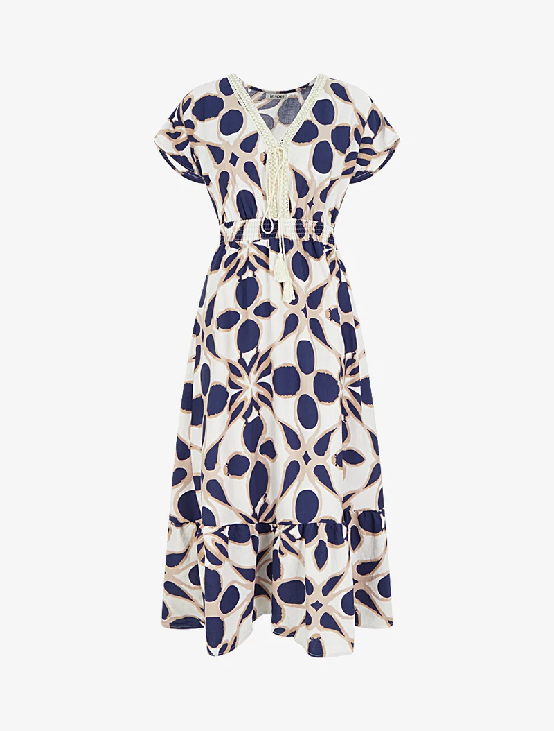 Kleid mit fantasievollem Druck und Häkelkragen - Marine